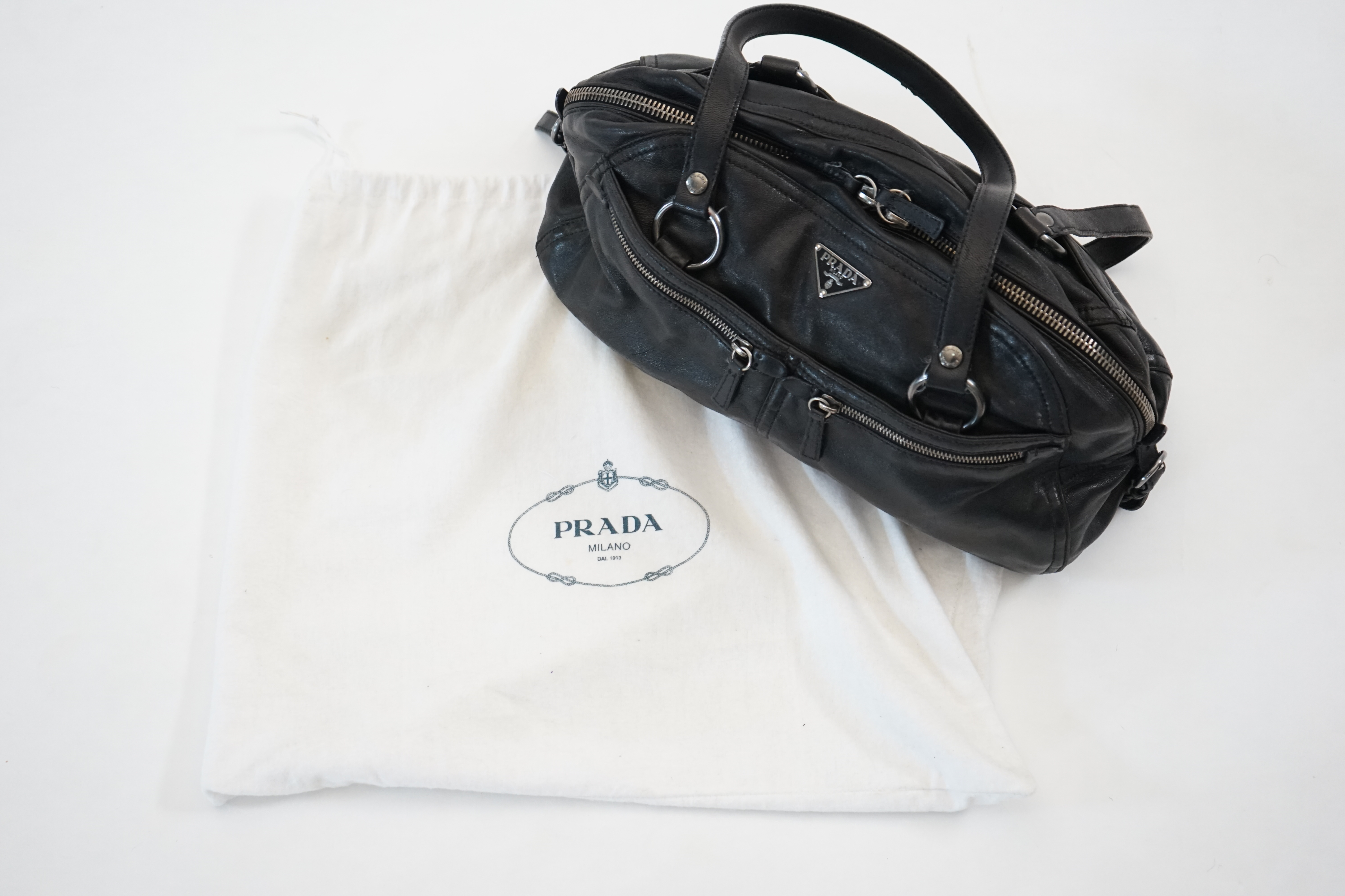 A Prada Cargo black leather handbag, width 38cm, depth 12cm, height approx 22cm